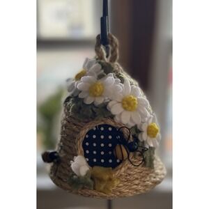 Farmhouse Cottage Core Handmade Sunflower Bee Hive Skep Hanging or Shelved 5"x5"